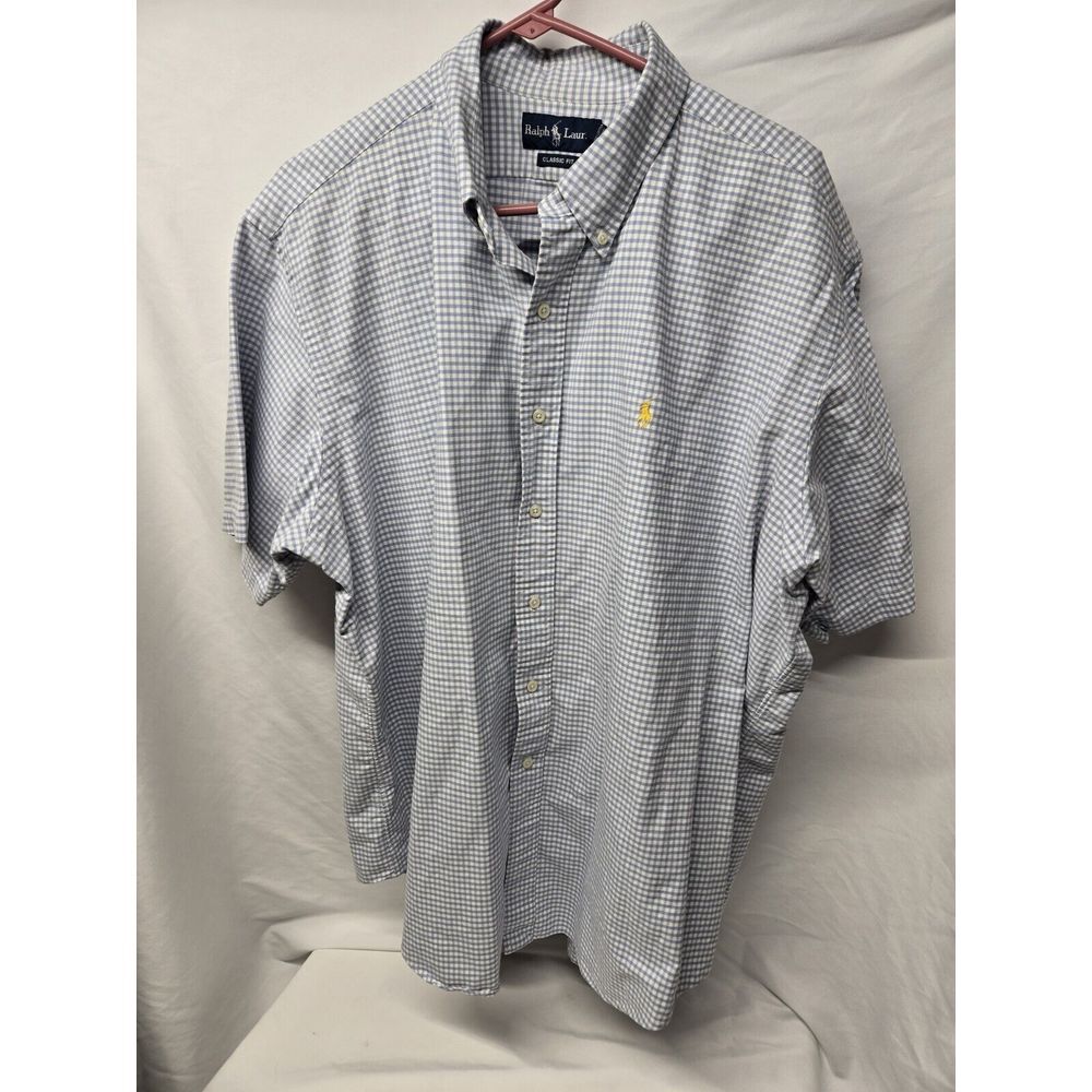 Ralph‎ Lauren Size XXL Shirt Blue Gingham Short Sleeve Classic Fit Yellow Pony